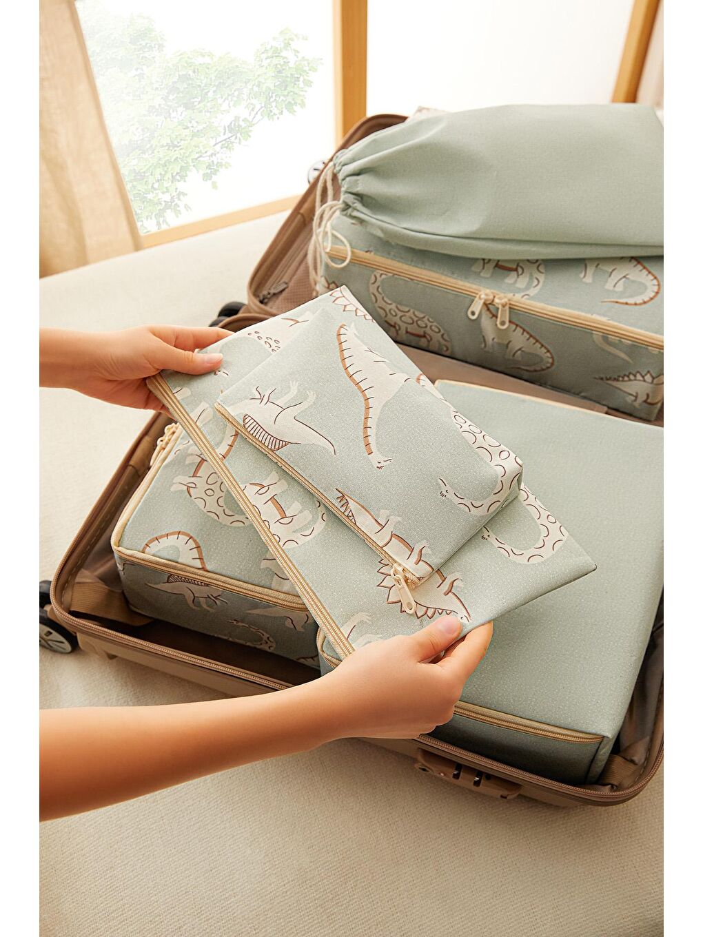 Yeşil 6'lı Çocuk Odası Dinozor Bavul İçi Düzenleyici Set-3