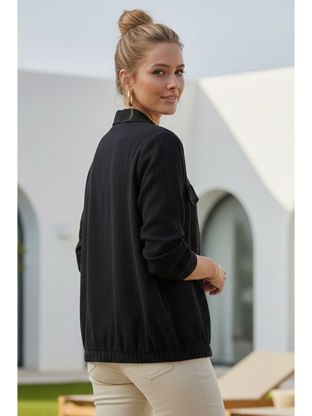 Siyah Gömlek Yaka Manşetli Kollu Çift Kapaklı Cepli Casual Keten Görünümlü Dokuma Ceket 65 65-7