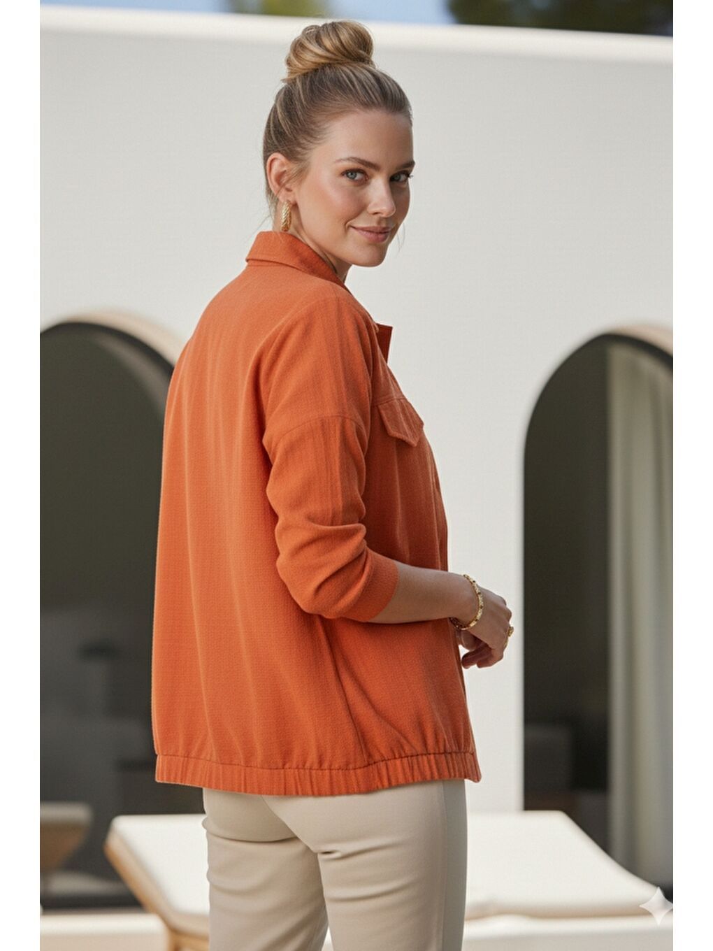 Turuncu Gömlek Yaka Manşetli Kollu Çift Kapaklı Cepli Casual Keten Görünümlü Dokuma Ceket 65 65-6