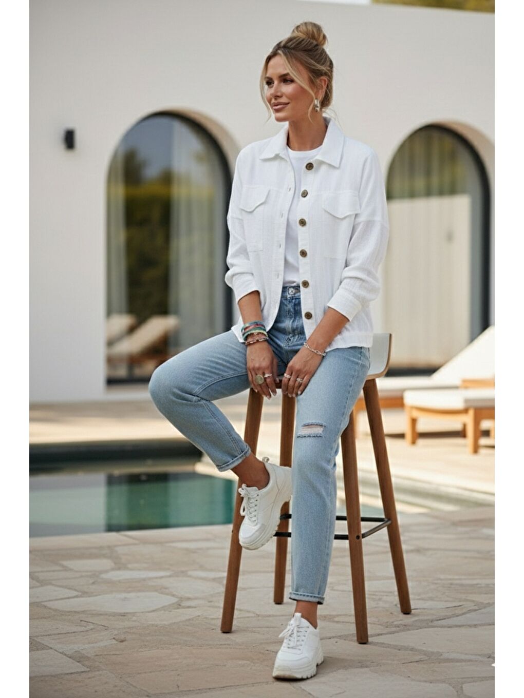 Beyaz Gömlek Yaka Manşetli Kollu Çift Kapaklı Cepli Casual Keten Görünümlü Dokuma Ceket 65 65-6