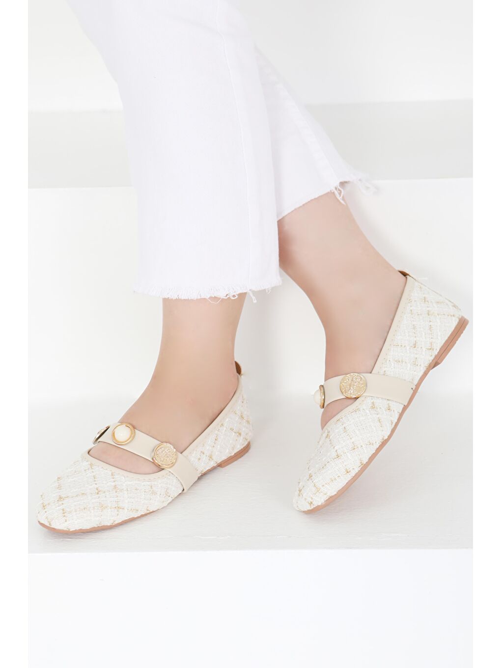 Ekru Kadın Krem Pul İncili Babet - 27413-2