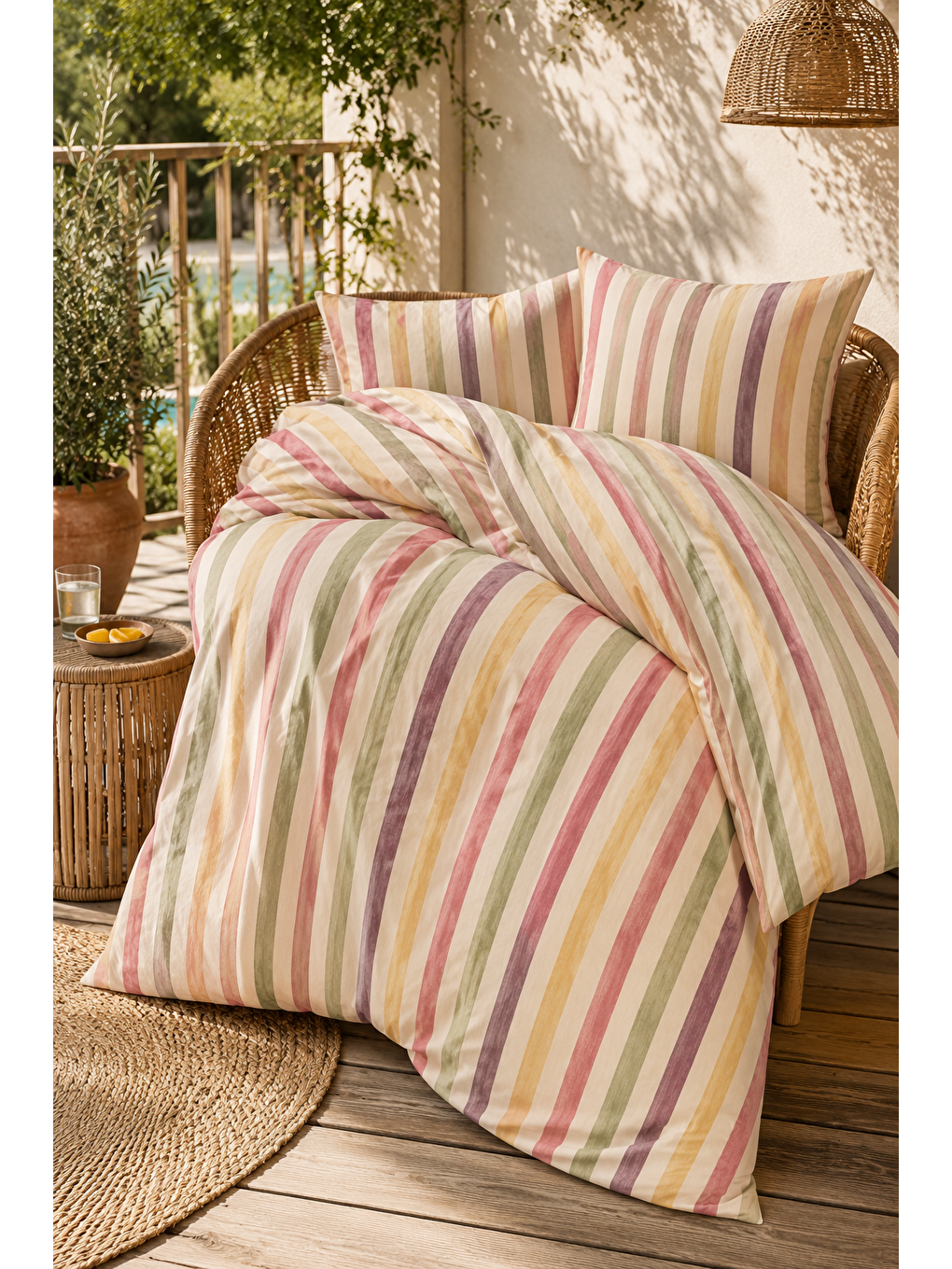 Karışık Çok Renkli Çizgili Nevresim Seti 200x220 Modern Soft Renkli Çift Kişilik Yorgan Kılıfı-1