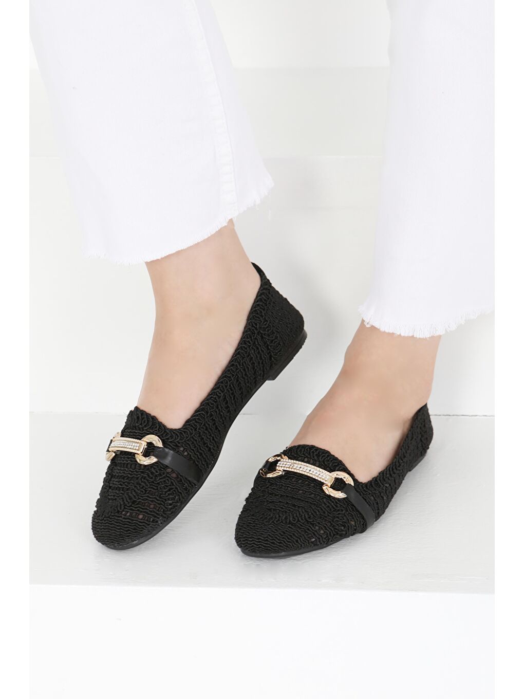 Kadın Siyah Triko Tokalı Babet - 27414-3