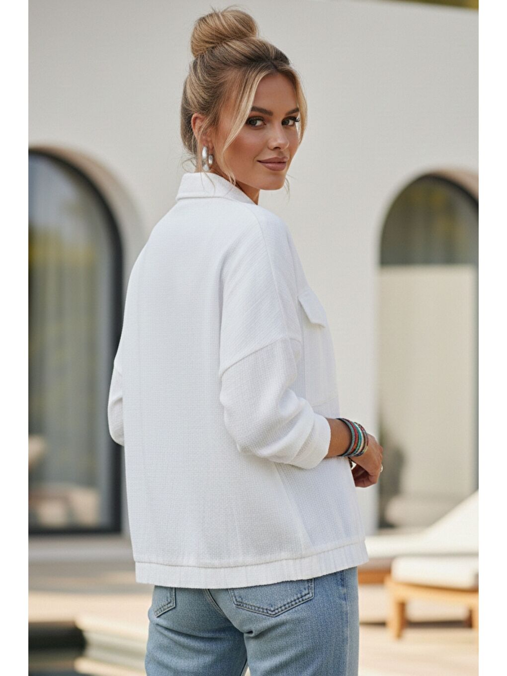 Beyaz Gömlek Yaka Manşetli Kollu Çift Kapaklı Cepli Casual Keten Görünümlü Dokuma Ceket 65 65-7