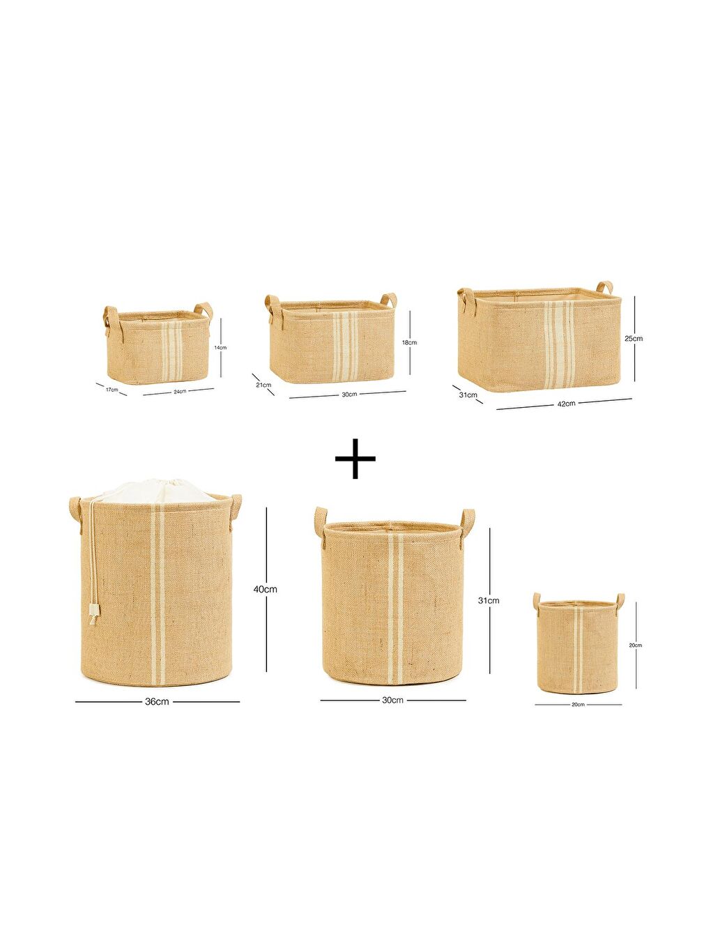Bej 6'lı Çizgili Jüt Sepet Set-5