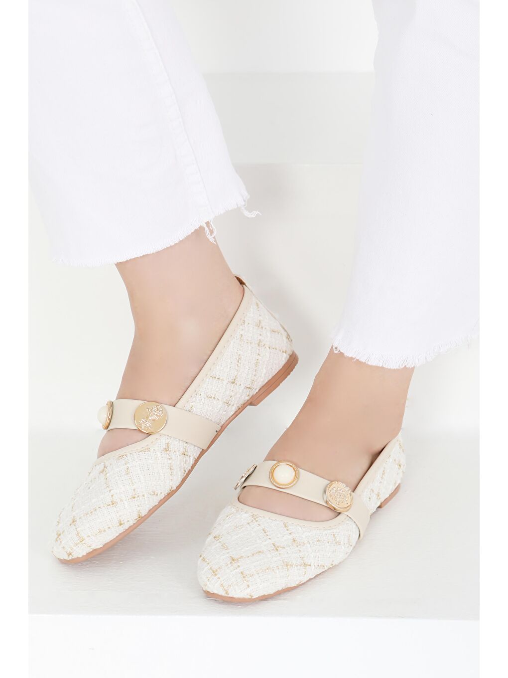 Ekru Kadın Krem Pul İncili Babet - 27413-3