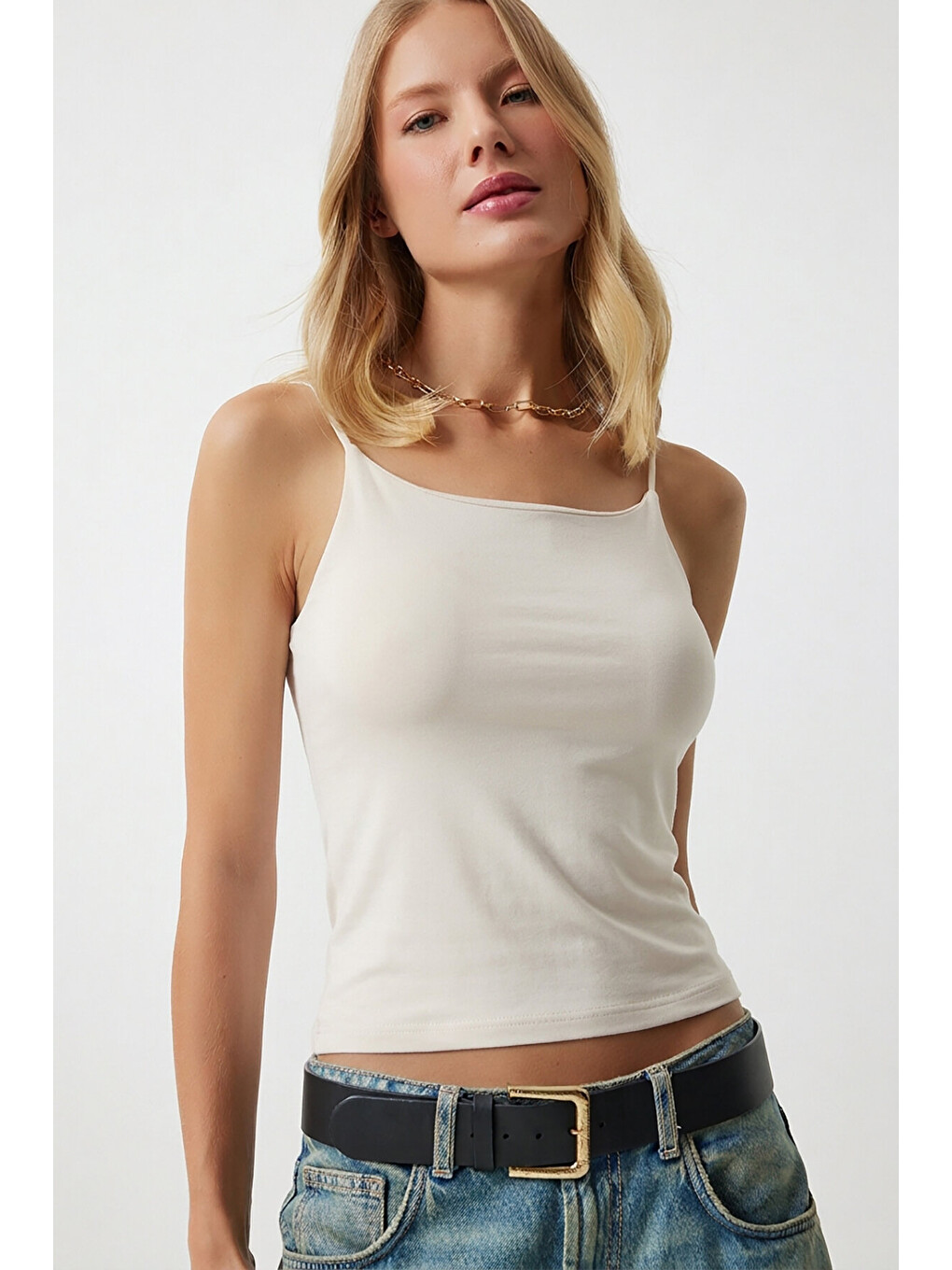 Ekru İkili İp Askılı Örme Bluz Krem Beyaz Lld0001-3
