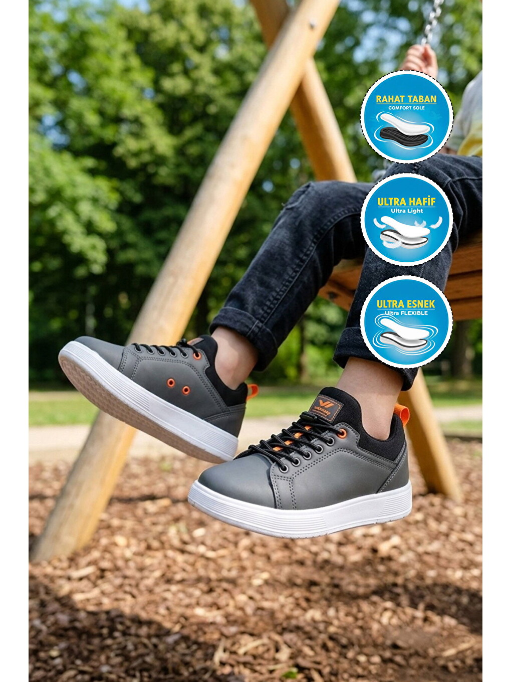 Gri Füme Lastik Bağcıklı Comfort Rahat Tabanlı Erkek Çocuk Sneaker Balase F-1