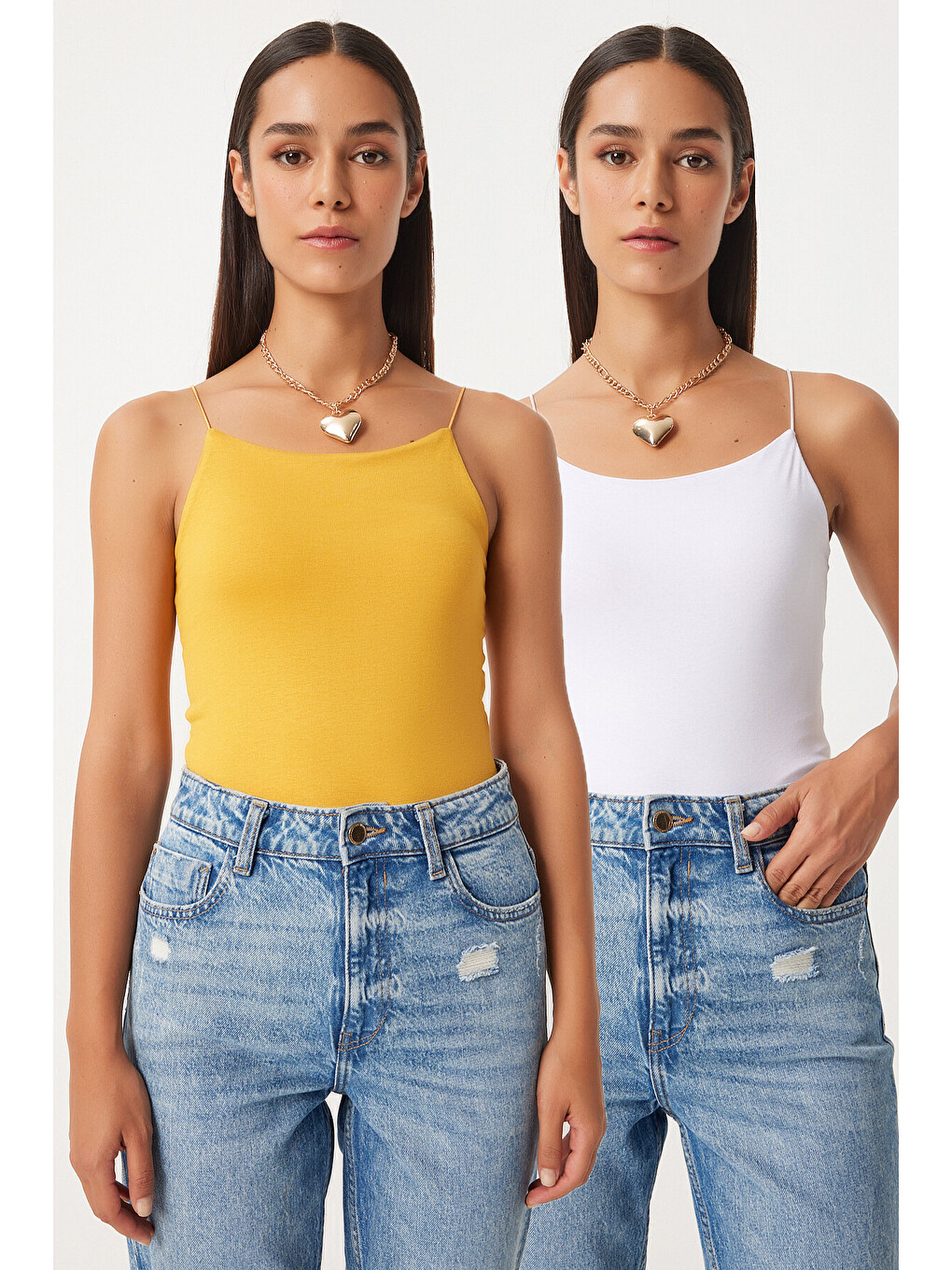 İkili İp Askılı Örme Bluz Koyu Sarı Beyaz Lld0001