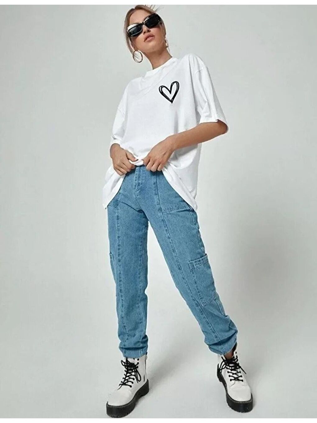 Unisex Baskılı Oversize T-Shirt - Beyaz-1