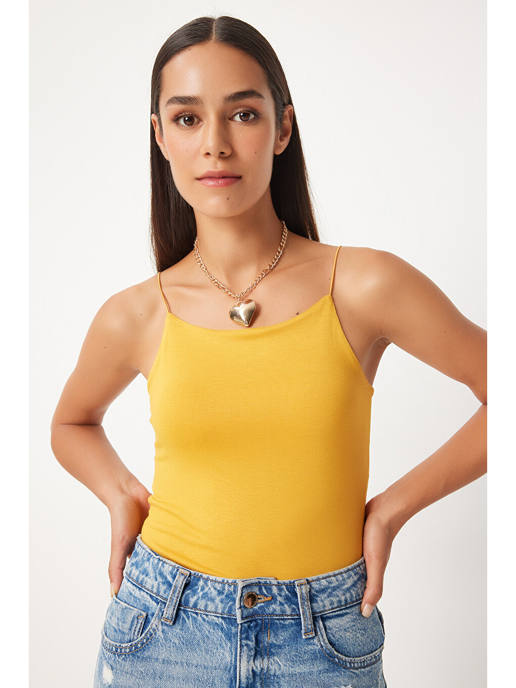 İkili İp Askılı Örme Bluz Koyu Sarı Beyaz Lld0001-1