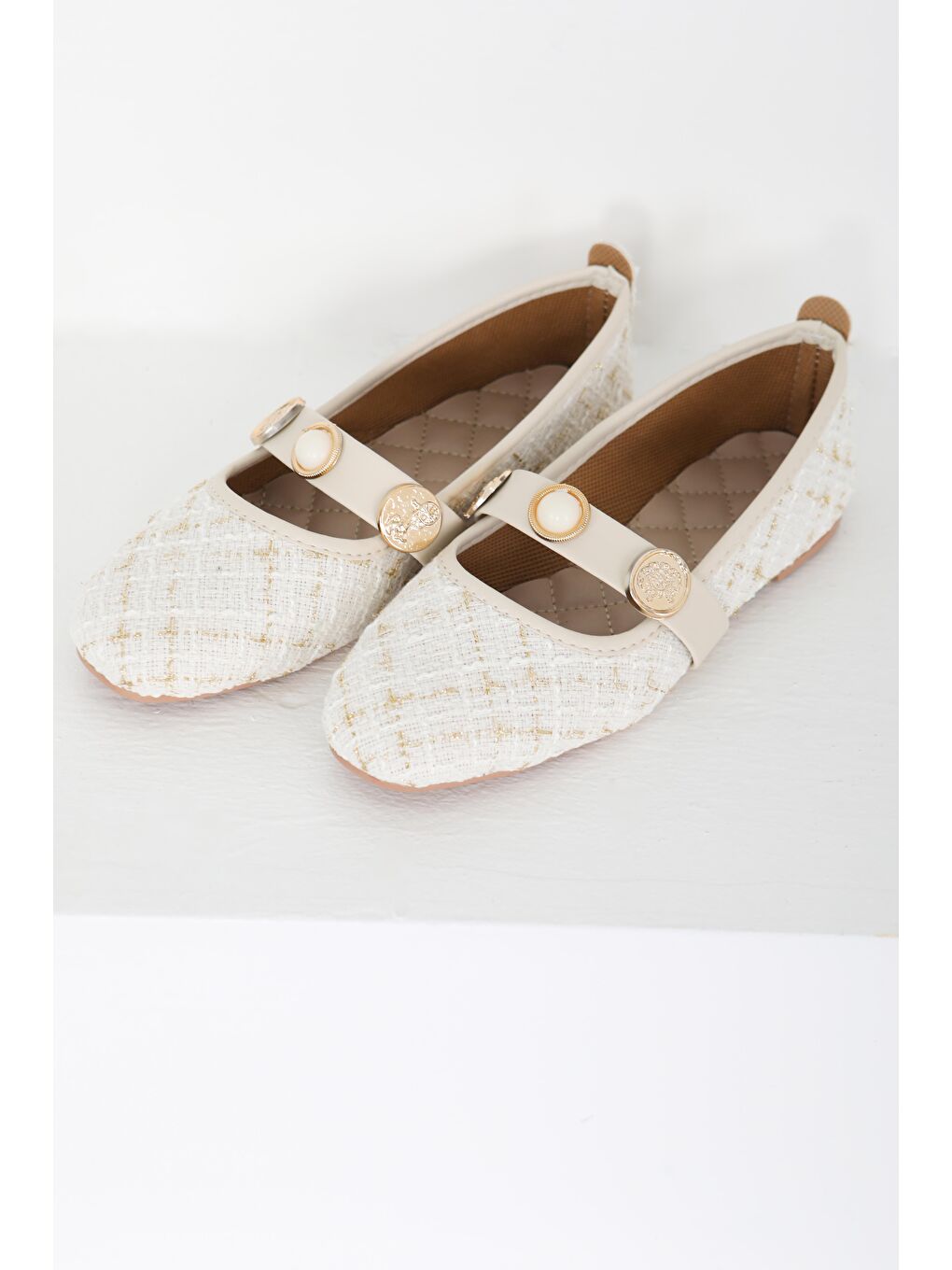 Ekru Kadın Krem Pul İncili Babet - 27413-4