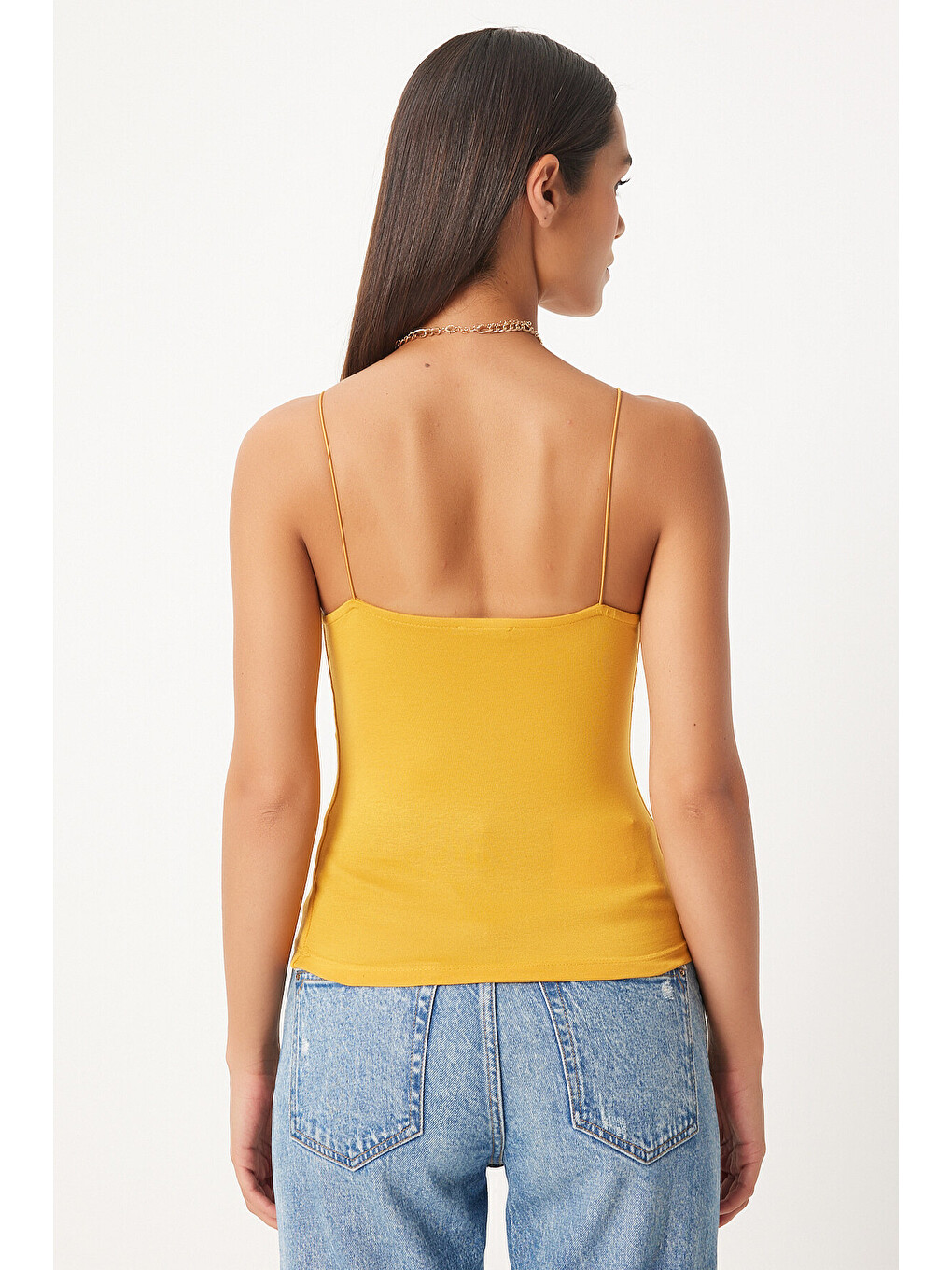 İkili İp Askılı Örme Bluz Koyu Sarı Beyaz Lld0001-3