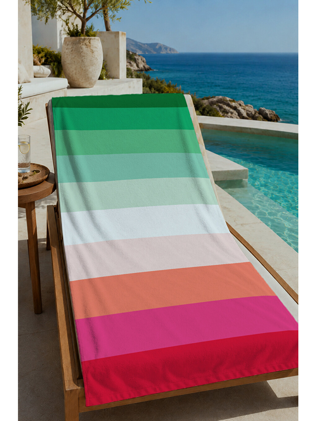 Milbay Grup Yeşil Pembe Turuncu Geniş Çizgili Desenli 70x150 Cm Dijital Plaj Ve Banyo Havlusu-2281