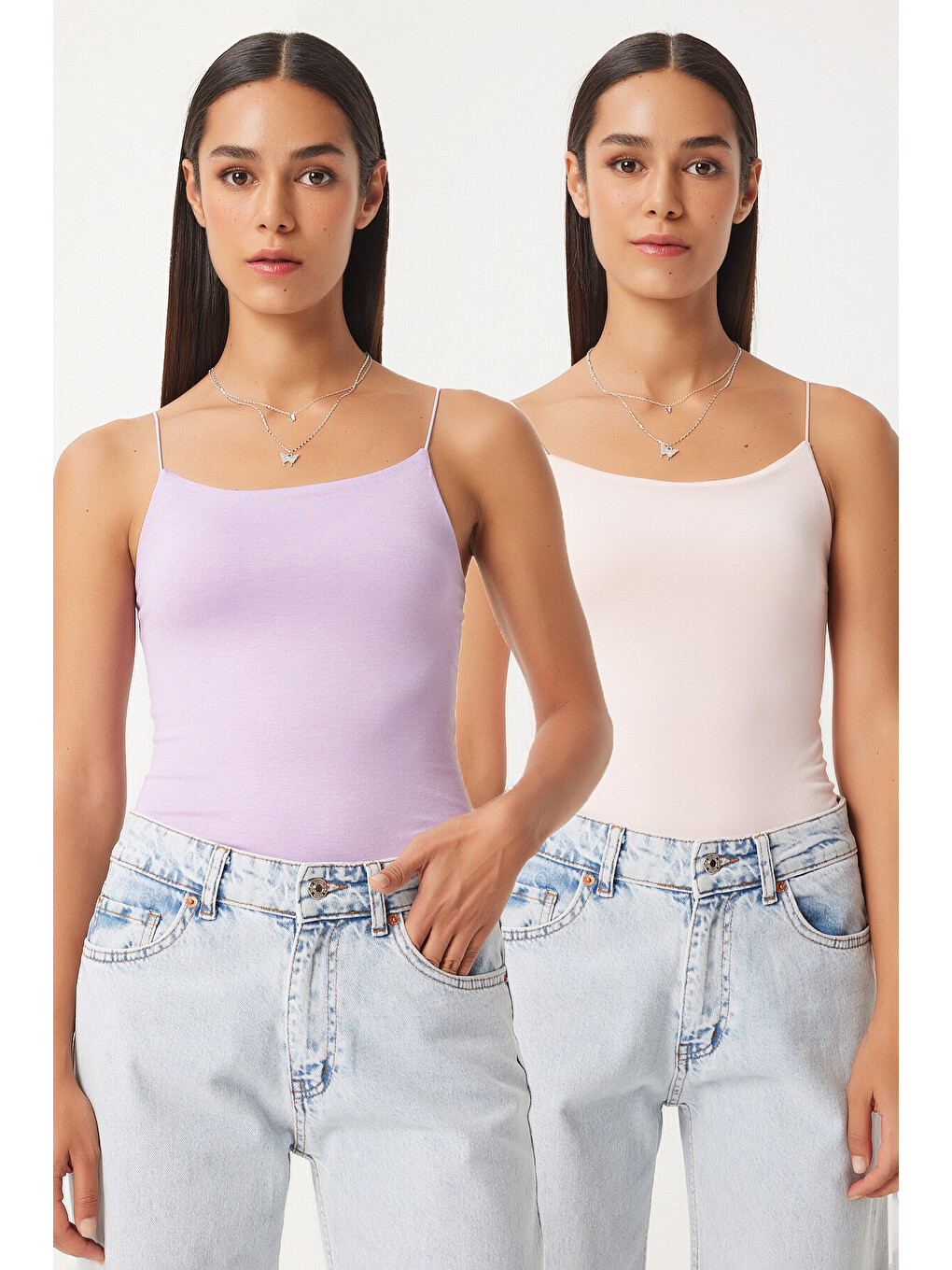 İkili İp Askılı Örme Bluz Lila Pudra Lld0001