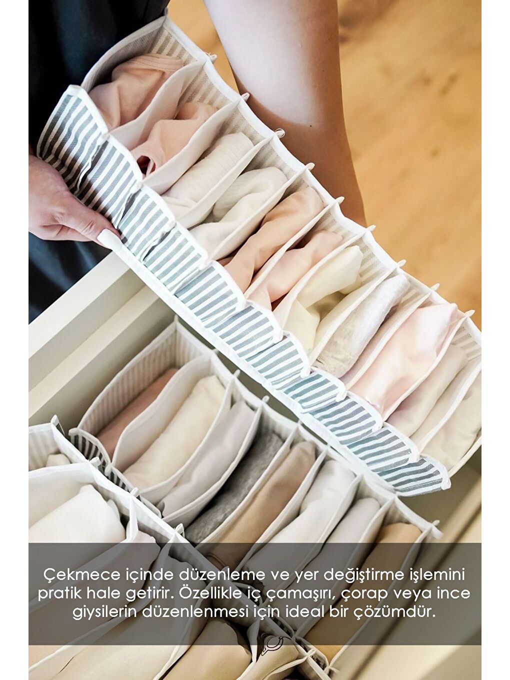 Gri 11 Bölmeli Çizgili Akordiyon Çok Amaçlı Çekmece Dolap İçi Organizer Düzenleyici 11x41x12 cm S-2