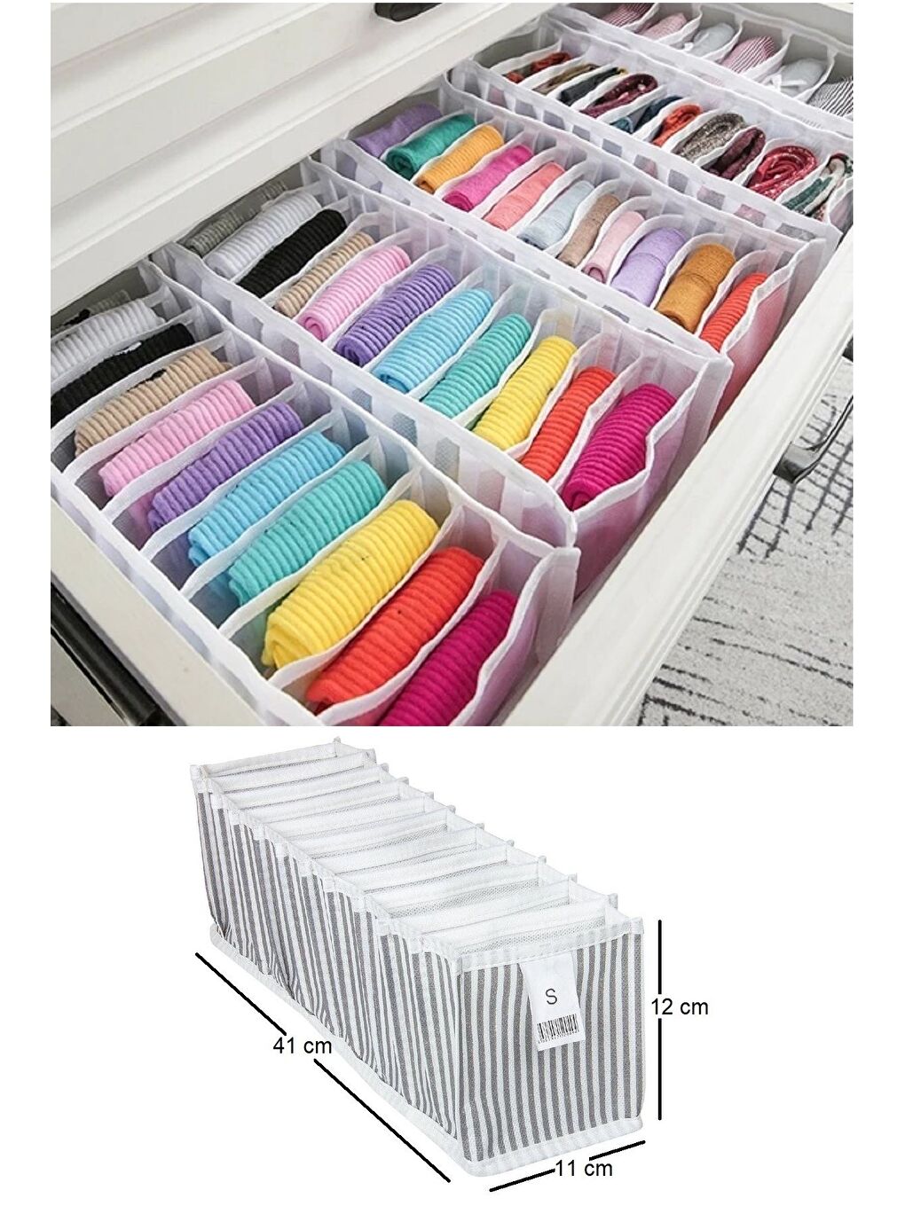 Gri 11 Bölmeli Çizgili Akordiyon Çok Amaçlı Çekmece Dolap İçi Organizer Düzenleyici 11x41x12 cm S-3