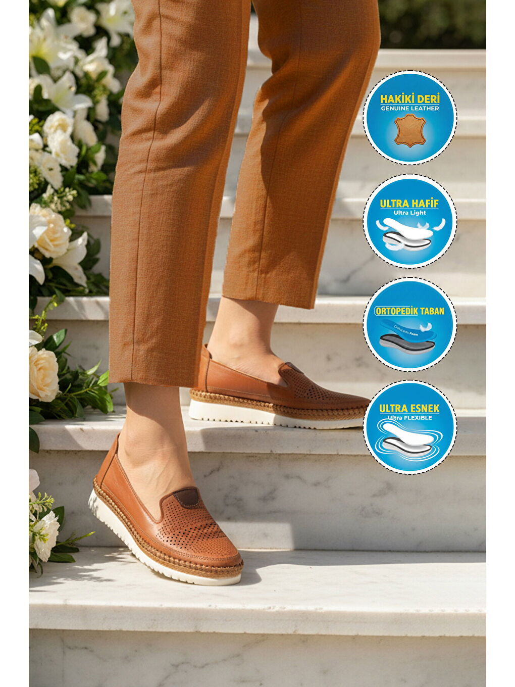 Kahverengi Taba Hakiki Deri Ortopedik Kadın Casual Ayakkabı 700 Z-2