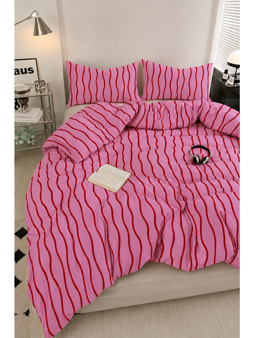 Pembe Kırmızı Düzensiz Çizgili Nevresim Seti Modern 200x220 Çift Kişilik Yorgan Kılıfı-3