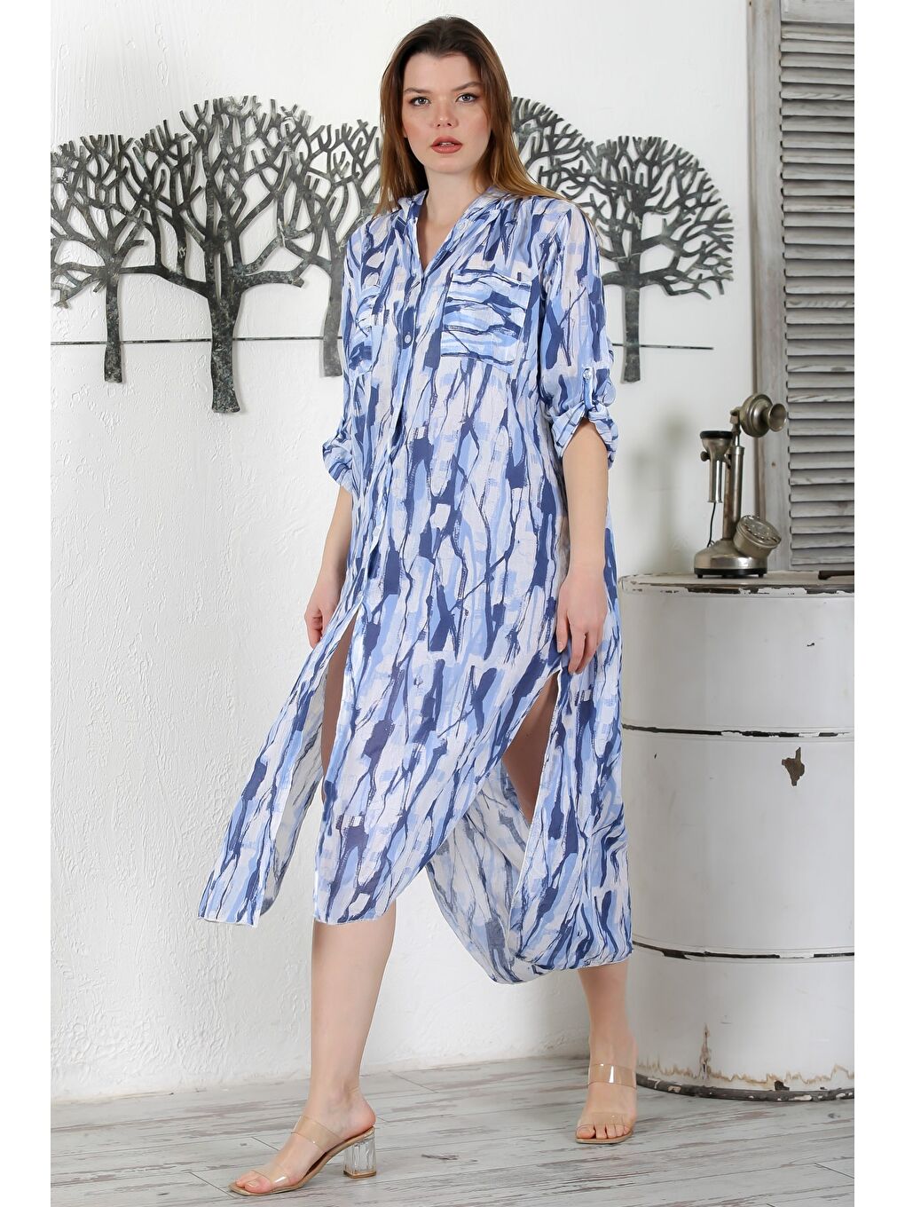 İtalyan Mavi Düğmeli Uzun Kollu Desenli Çift Cepli Kapüşonlu Casual Dokuma Yazlık Elbise 130 65-3