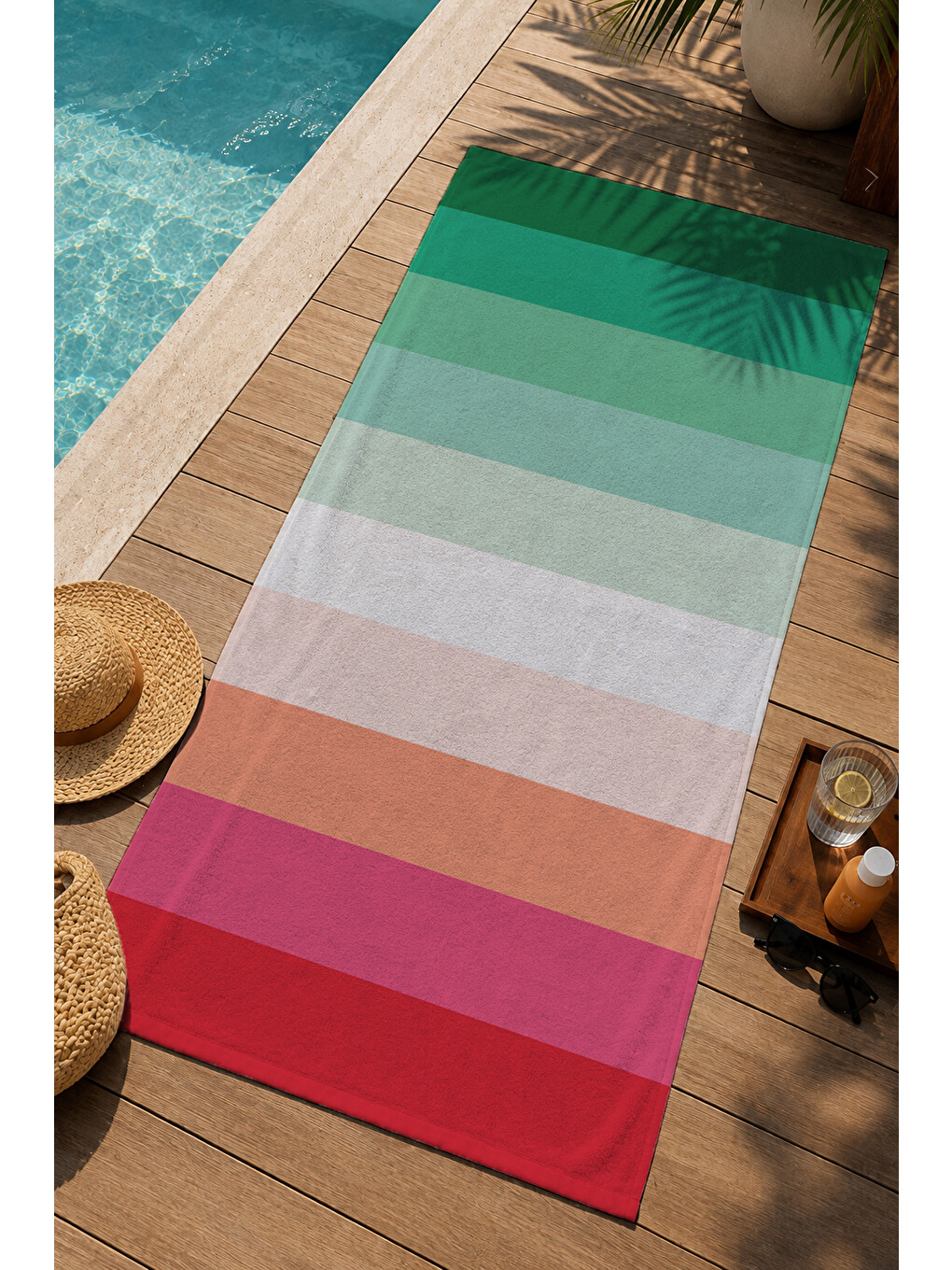 Milbay Grup Yeşil Pembe Turuncu Geniş Çizgili Desenli 70x150 Cm Dijital Plaj Ve Banyo Havlusu-2281-2