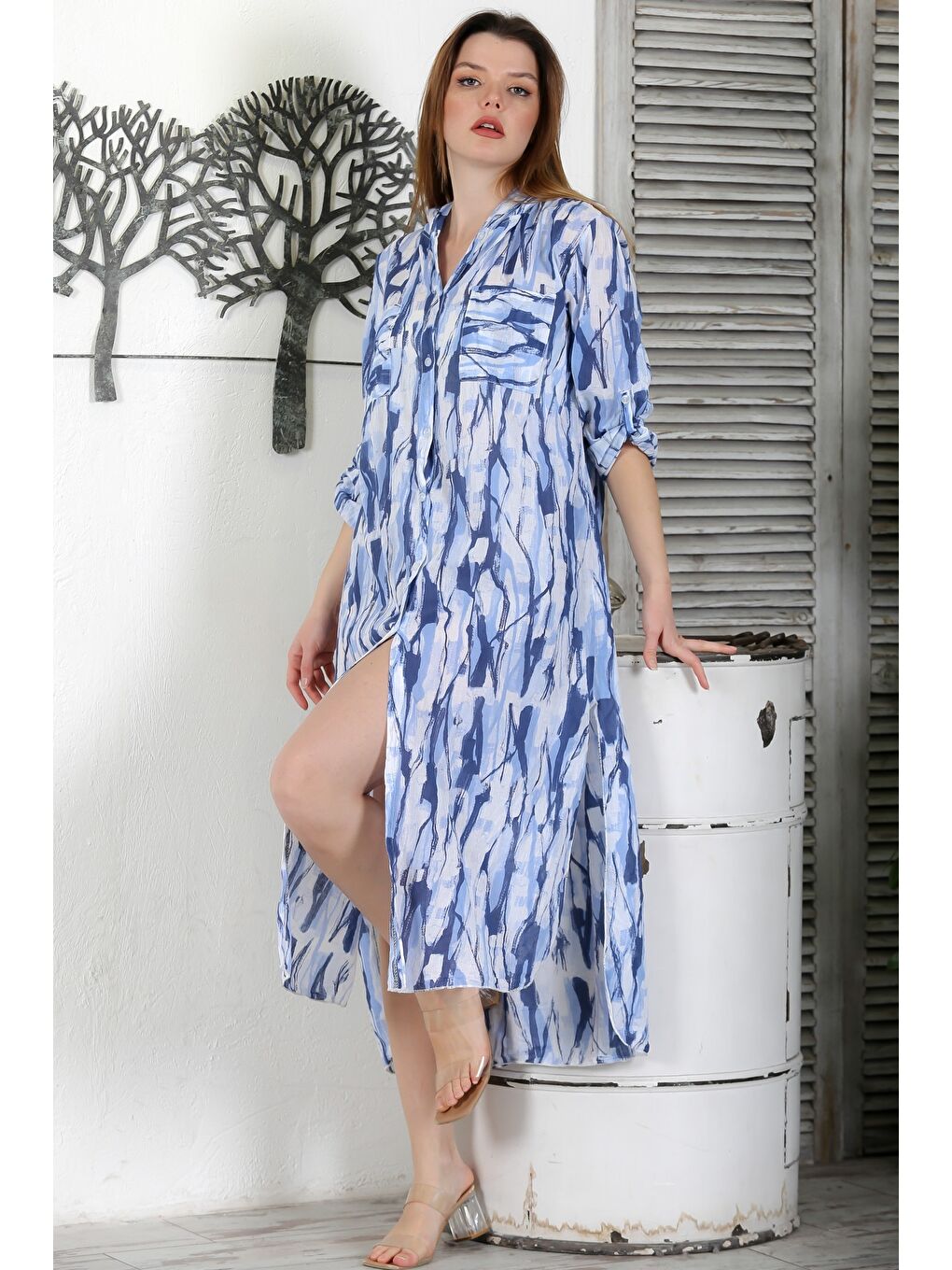 İtalyan Mavi Düğmeli Uzun Kollu Desenli Çift Cepli Kapüşonlu Casual Dokuma Yazlık Elbise 130 65-5