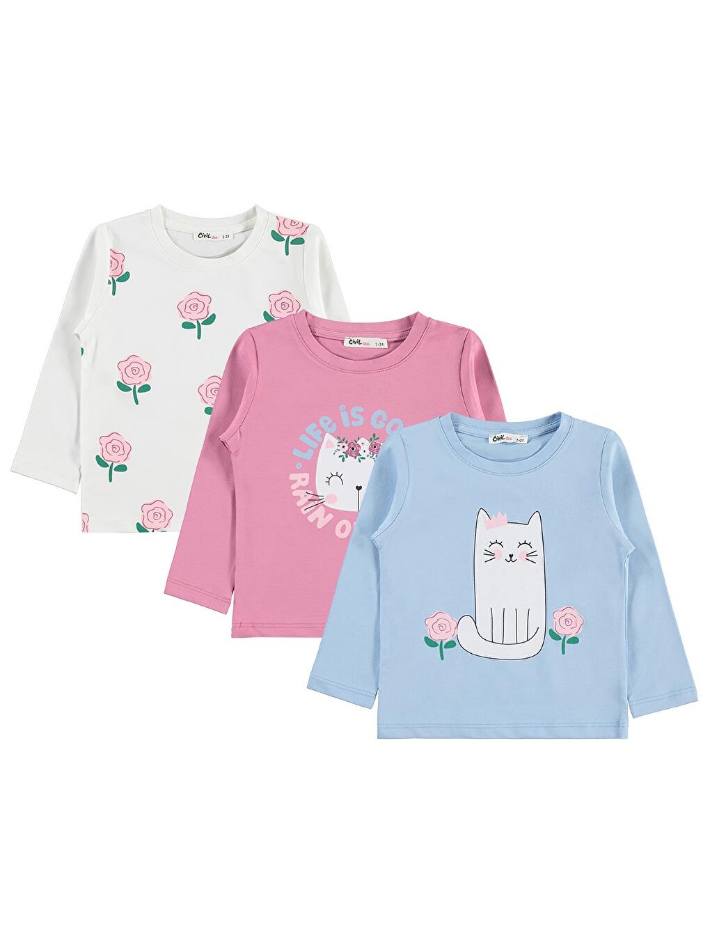 Beyaz Girls Kedi Baskılı 3'lü Set 2-5 Yaş Sweatshirt - Standart