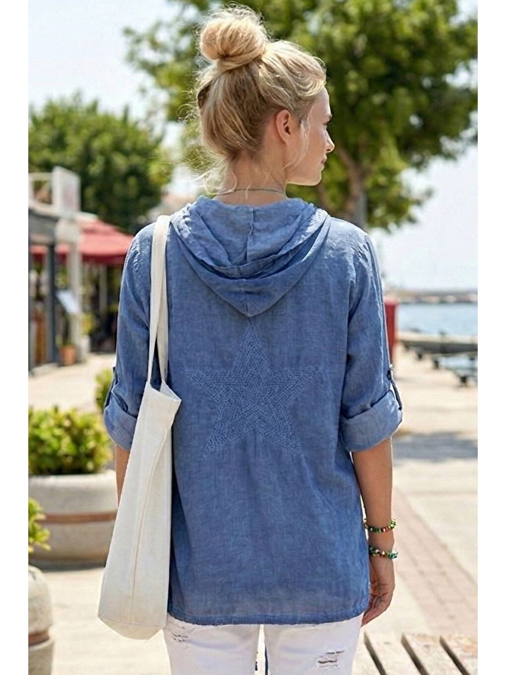 Mavi Uzun Kol Arkası Yıldız Desenli Omuzları File Ve Yıldız Detaylı Casual Dokuma Ceket 70 65-1