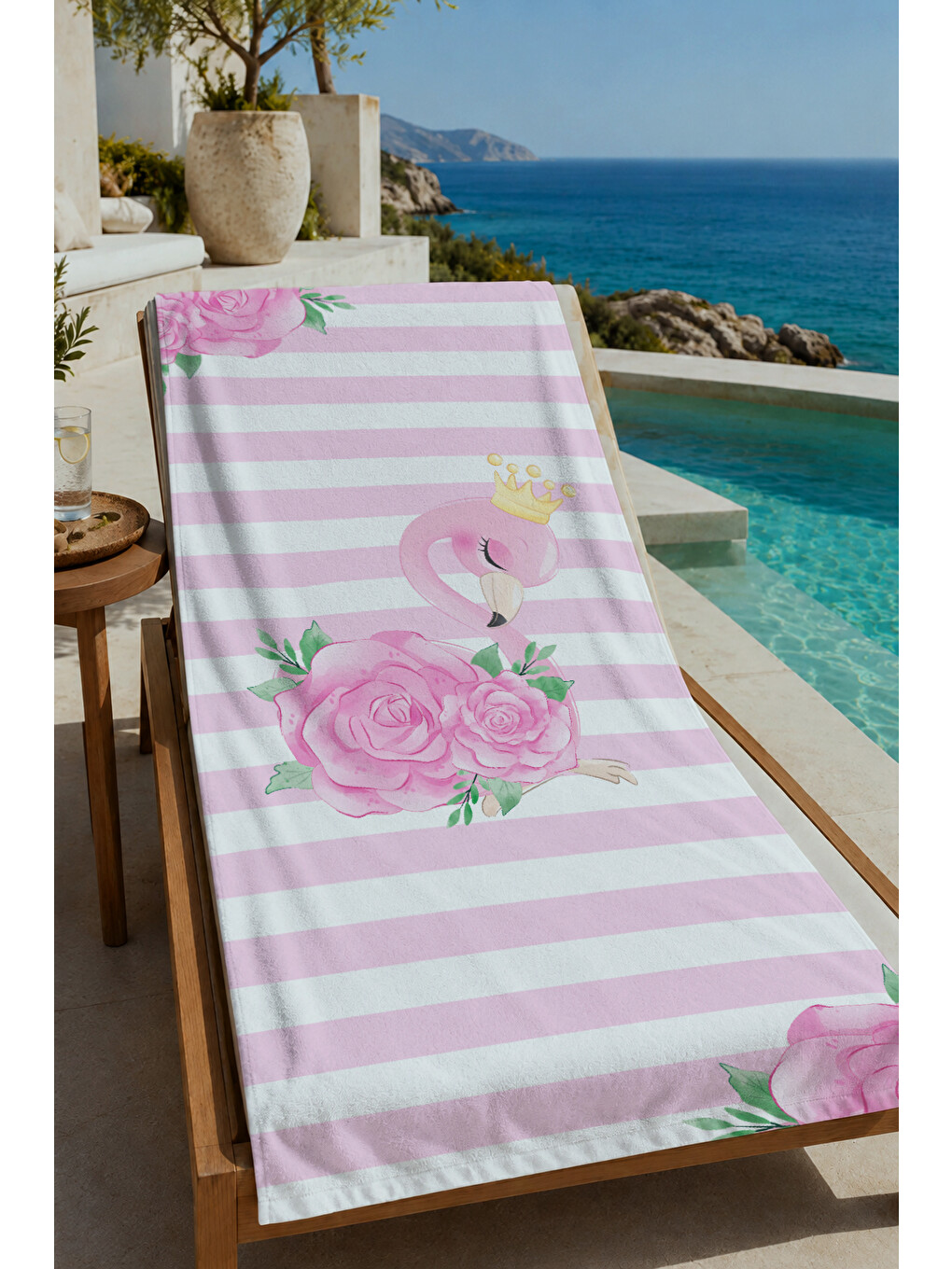Pembe Beyaz Çizgili Tropikal Flamingo Desenli 70x150 Cm Dijital Baskılı Plaj Ve Banyo Havlusu