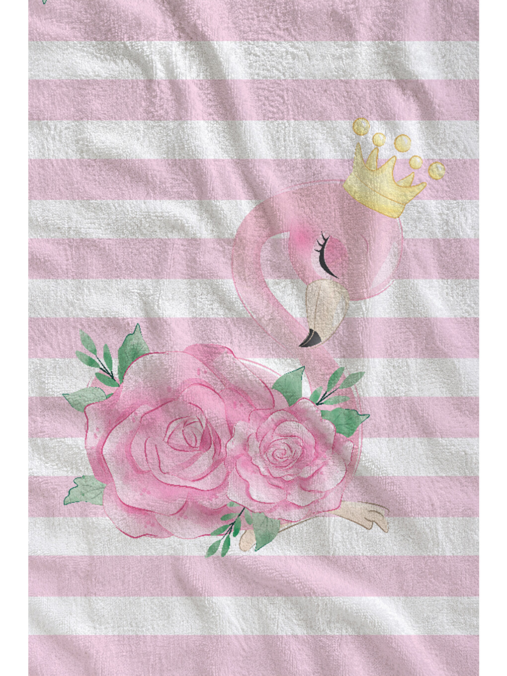 Pembe Beyaz Çizgili Tropikal Flamingo Desenli 70x150 Cm Dijital Baskılı Plaj Ve Banyo Havlusu-1