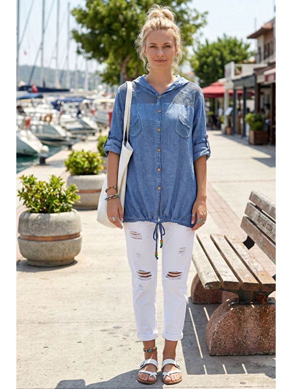 Mavi Uzun Kol Arkası Yıldız Desenli Omuzları File Ve Yıldız Detaylı Casual Dokuma Ceket 70 65-3