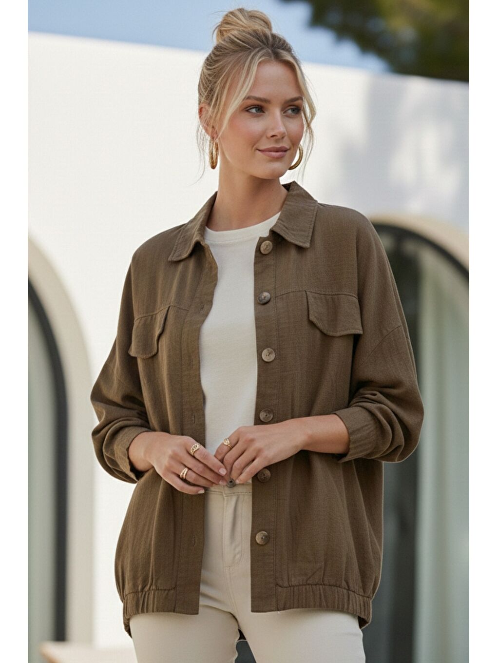 Kahverengi Gömlek Yaka Manşetli Kollu Çift Kapaklı Cepli Casual Keten Görünümlü Dokuma Ceket 65 65