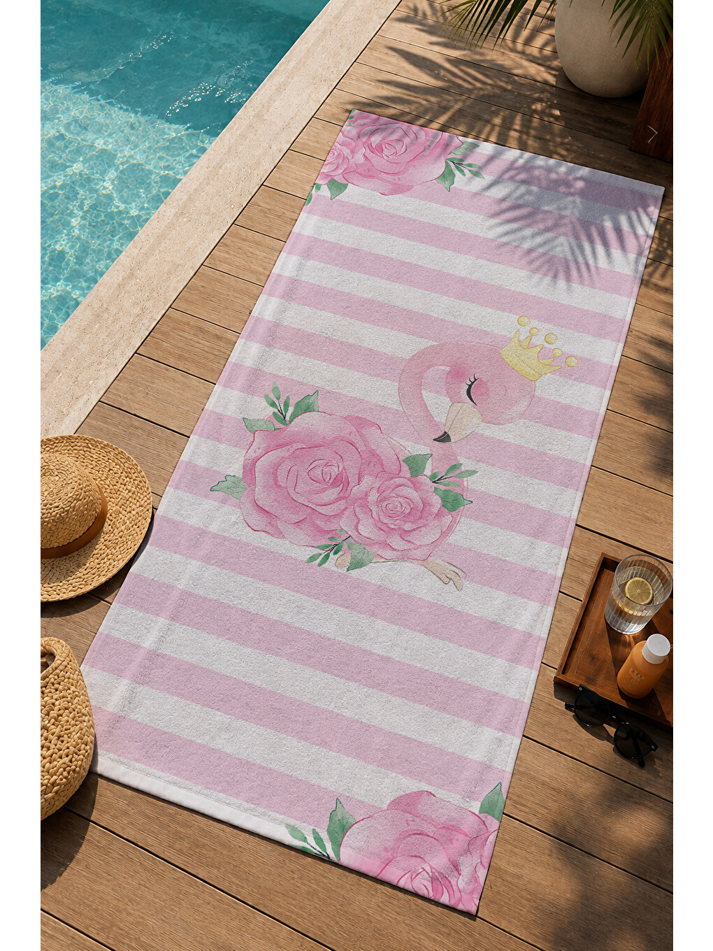 Pembe Beyaz Çizgili Tropikal Flamingo Desenli 70x150 Cm Dijital Baskılı Plaj Ve Banyo Havlusu-2