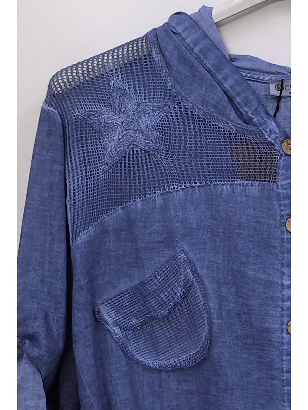 Mavi Uzun Kol Arkası Yıldız Desenli Omuzları File Ve Yıldız Detaylı Casual Dokuma Ceket 70 65-4