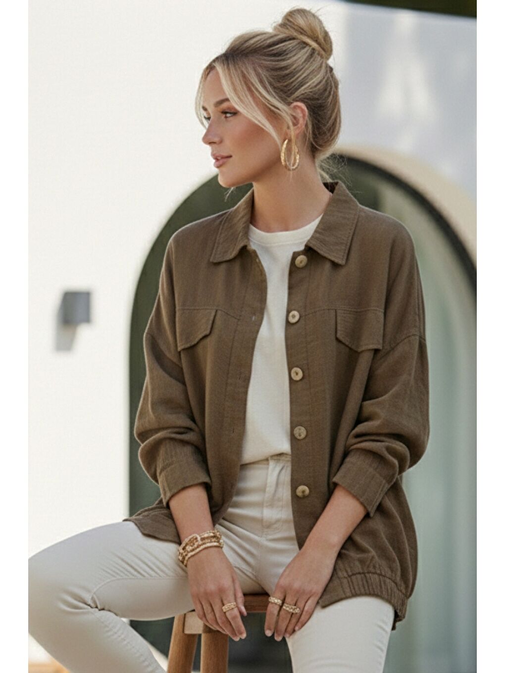 Kahverengi Gömlek Yaka Manşetli Kollu Çift Kapaklı Cepli Casual Keten Görünümlü Dokuma Ceket 65 65-1