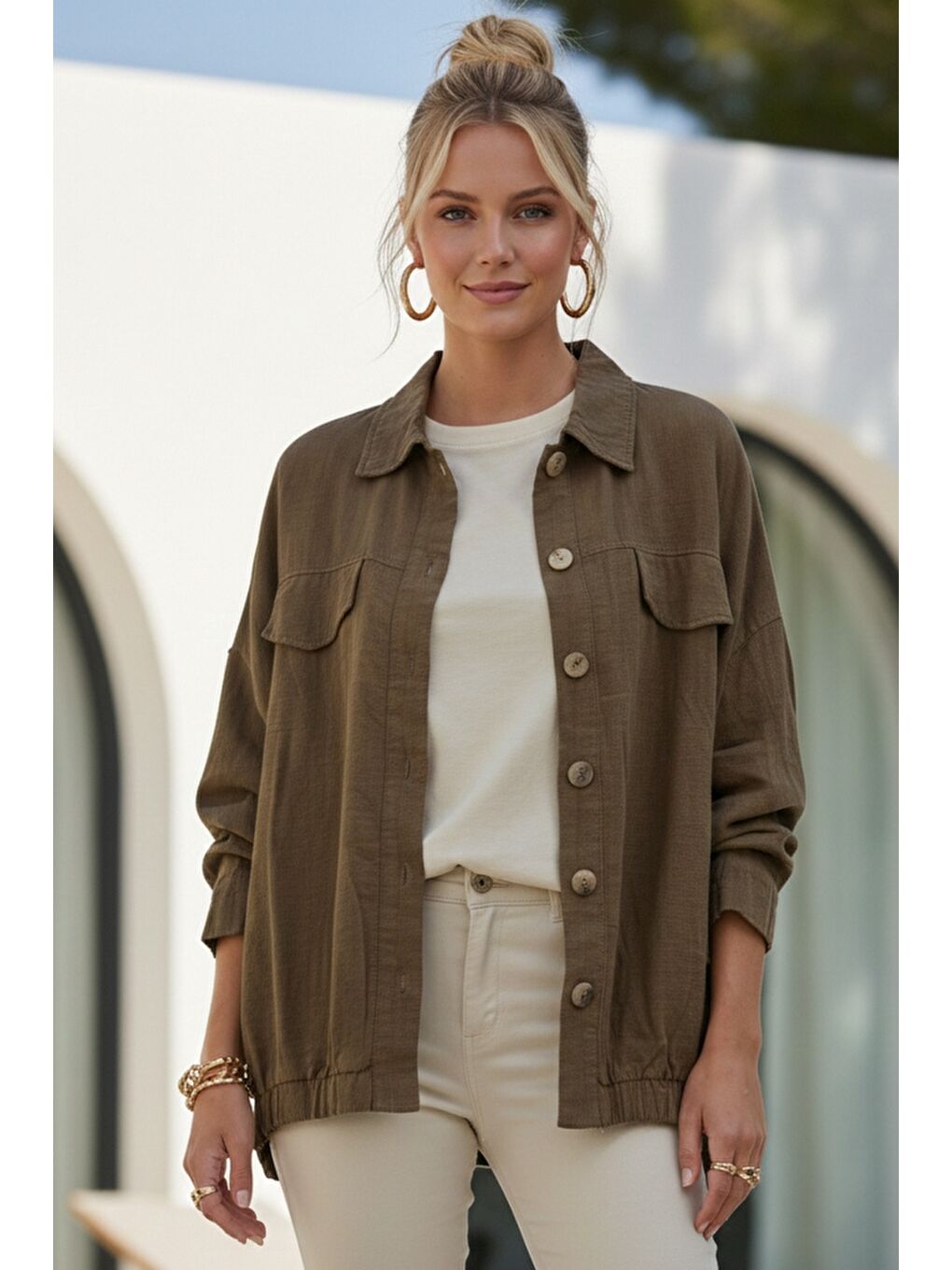 Kahverengi Gömlek Yaka Manşetli Kollu Çift Kapaklı Cepli Casual Keten Görünümlü Dokuma Ceket 65 65-2
