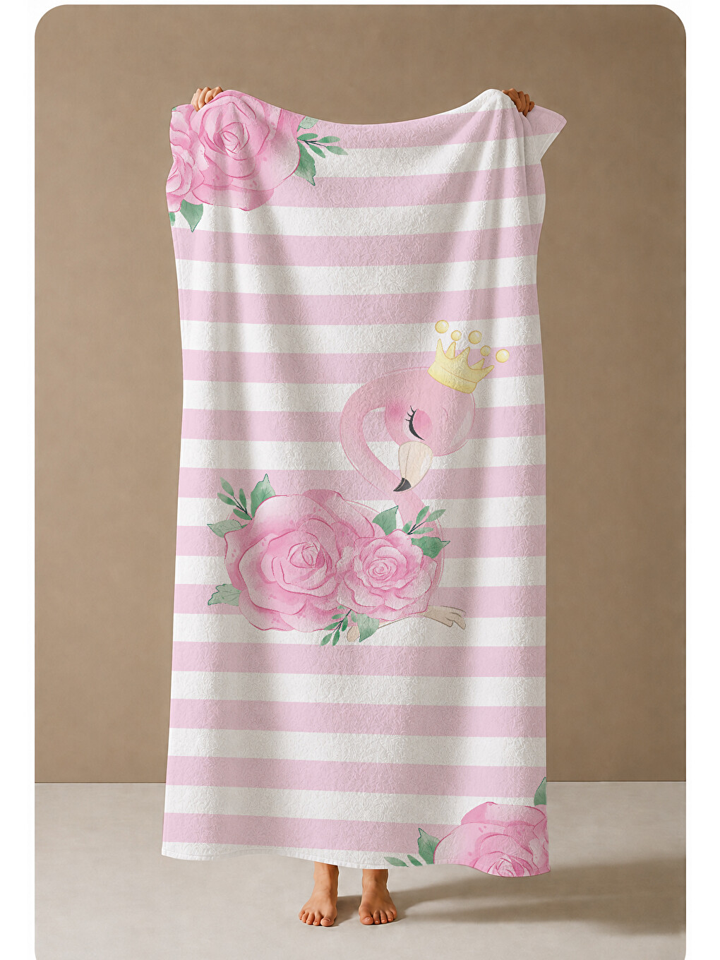 Pembe Beyaz Çizgili Tropikal Flamingo Desenli 70x150 Cm Dijital Baskılı Plaj Ve Banyo Havlusu-3