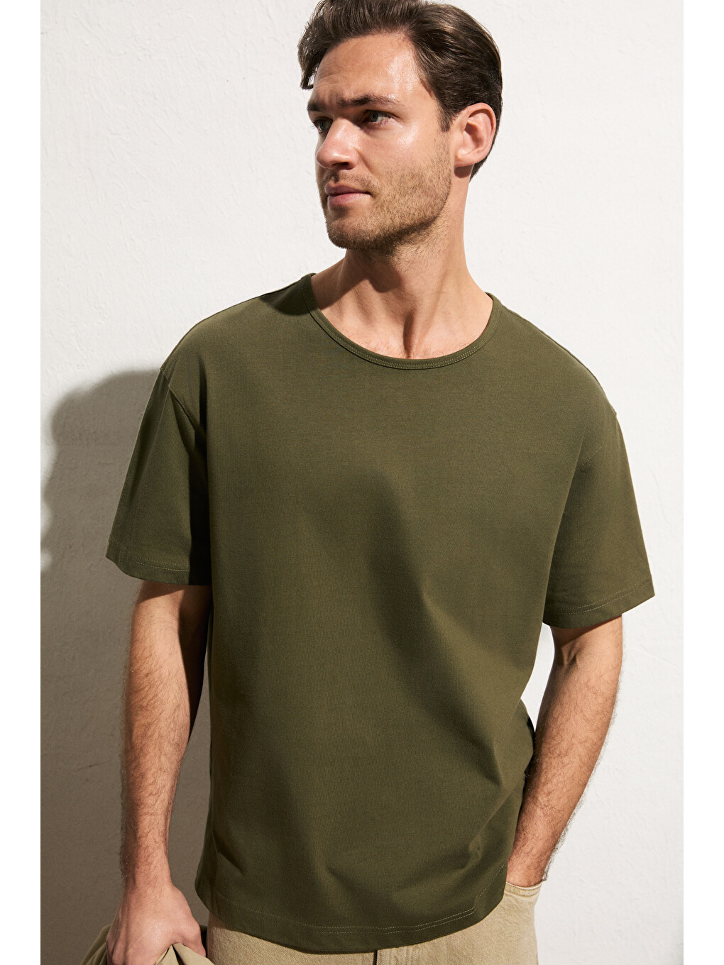 Haki AXION Erkek %100 Organik Pamuklu Yuvarlak Yakalı Regular Fit HAKİ T-Shirt-2