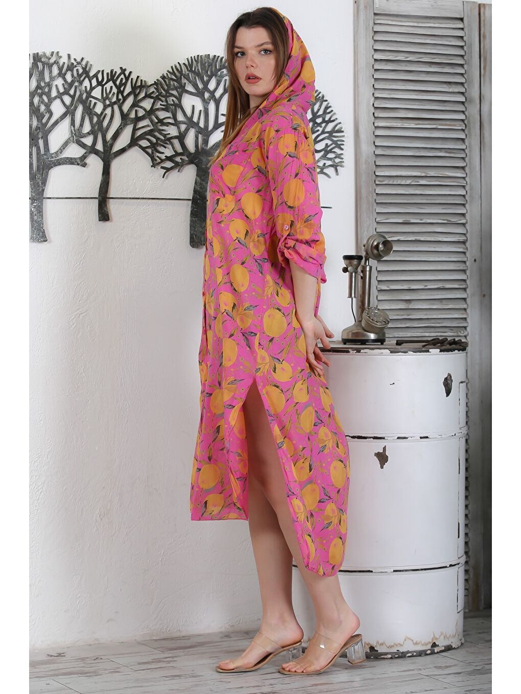 Mürdüm İtalyan Gül Kurusu Düğmeli Uzun Kollu Desenli Çift Cepli Kapüşonlu Dokuma Yazlık Elbise 130 65-1