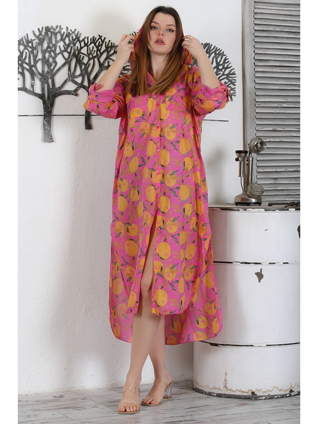 Mürdüm İtalyan Gül Kurusu Düğmeli Uzun Kollu Desenli Çift Cepli Kapüşonlu Dokuma Yazlık Elbise 130 65-2