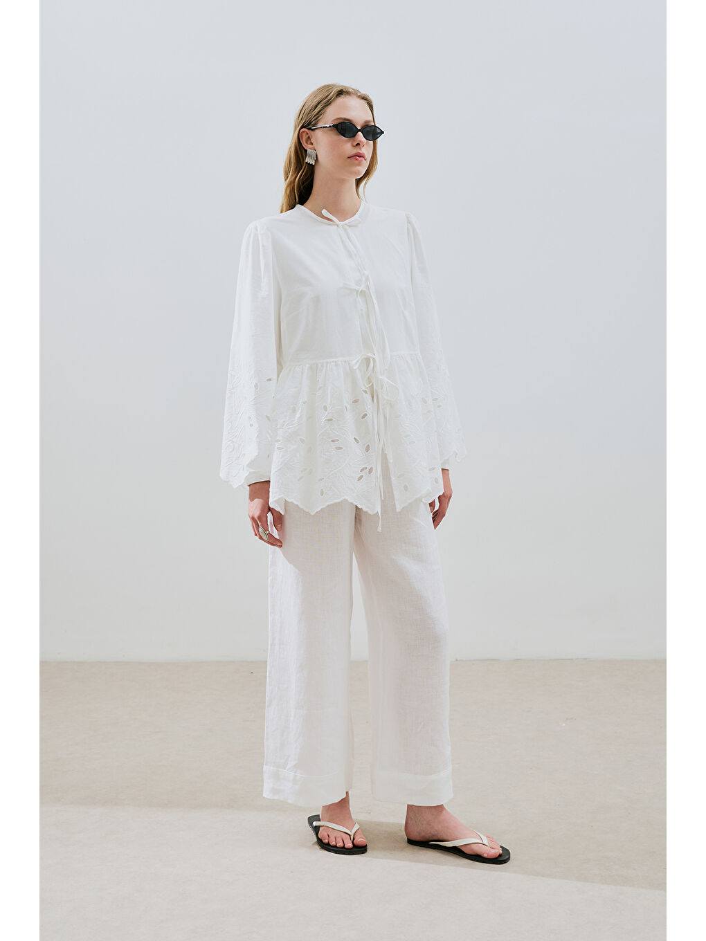 Bağlamalı Nakışlı Tunik Ekru-1