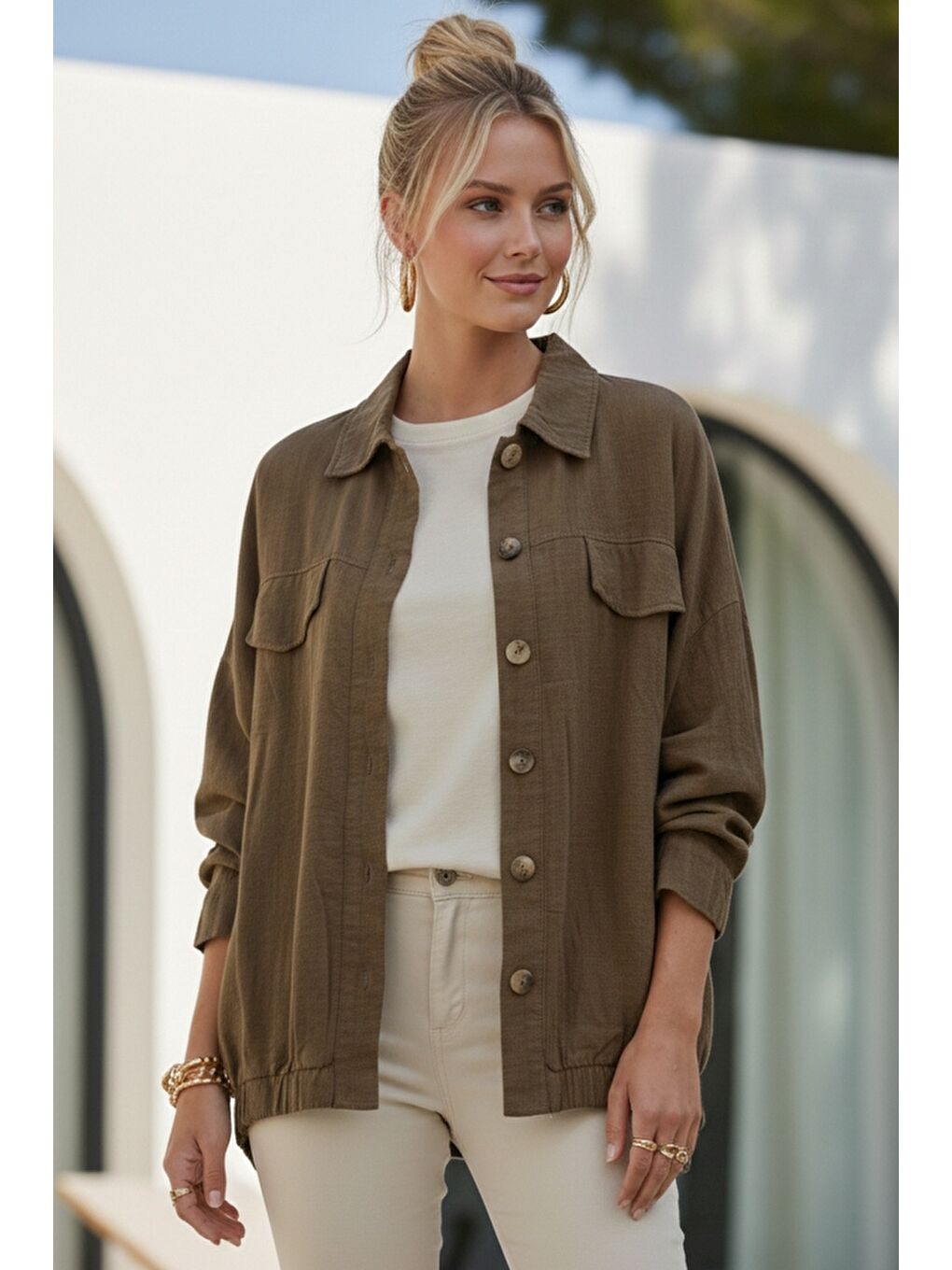 Kahverengi Gömlek Yaka Manşetli Kollu Çift Kapaklı Cepli Casual Keten Görünümlü Dokuma Ceket 65 65-3