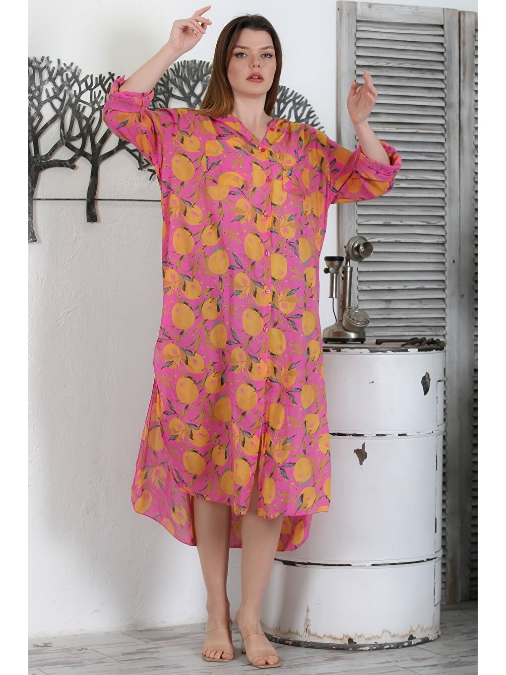 Mürdüm İtalyan Gül Kurusu Düğmeli Uzun Kollu Desenli Çift Cepli Kapüşonlu Dokuma Yazlık Elbise 130 65-4