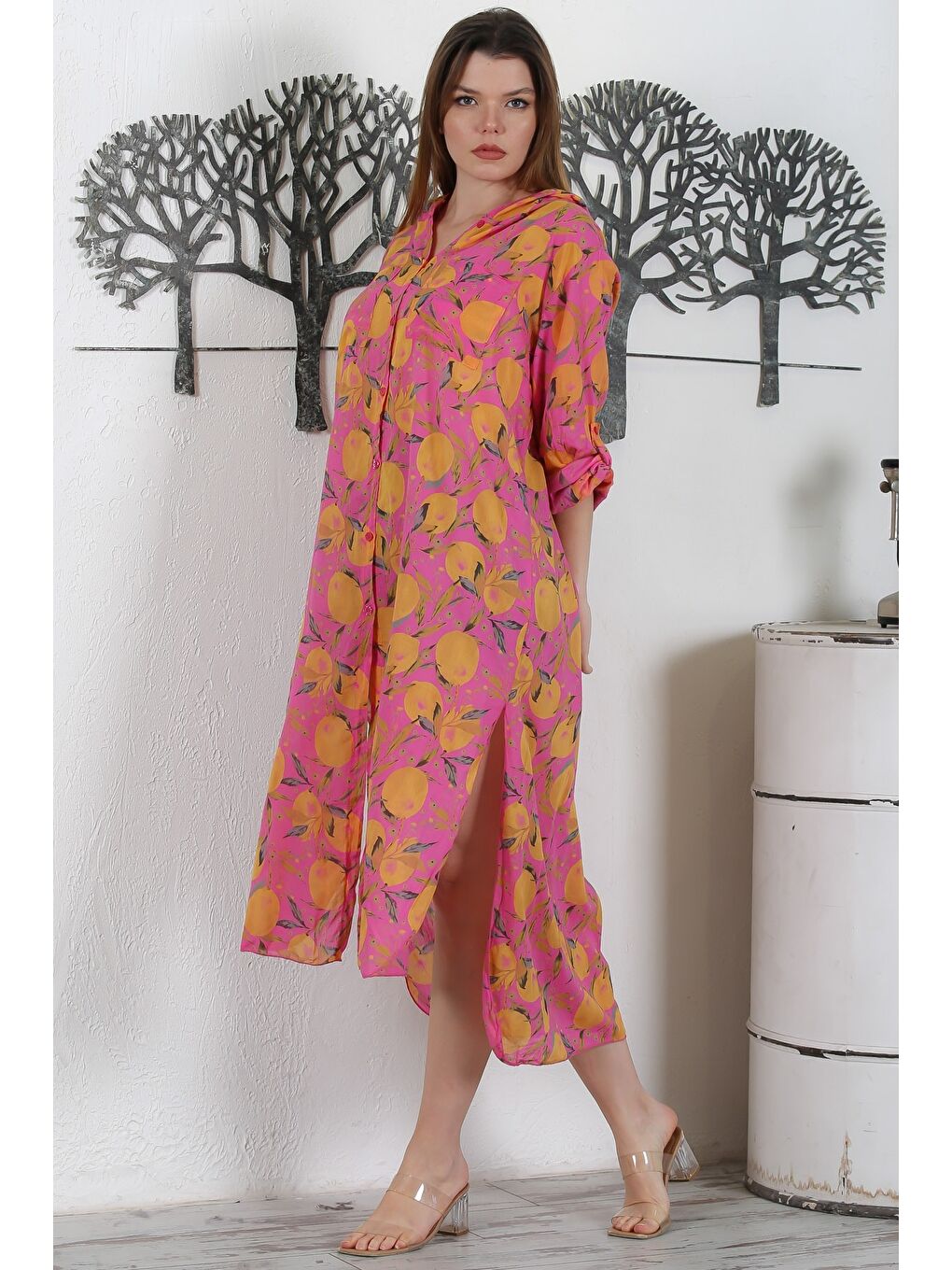 Mürdüm İtalyan Gül Kurusu Düğmeli Uzun Kollu Desenli Çift Cepli Kapüşonlu Dokuma Yazlık Elbise 130 65-5