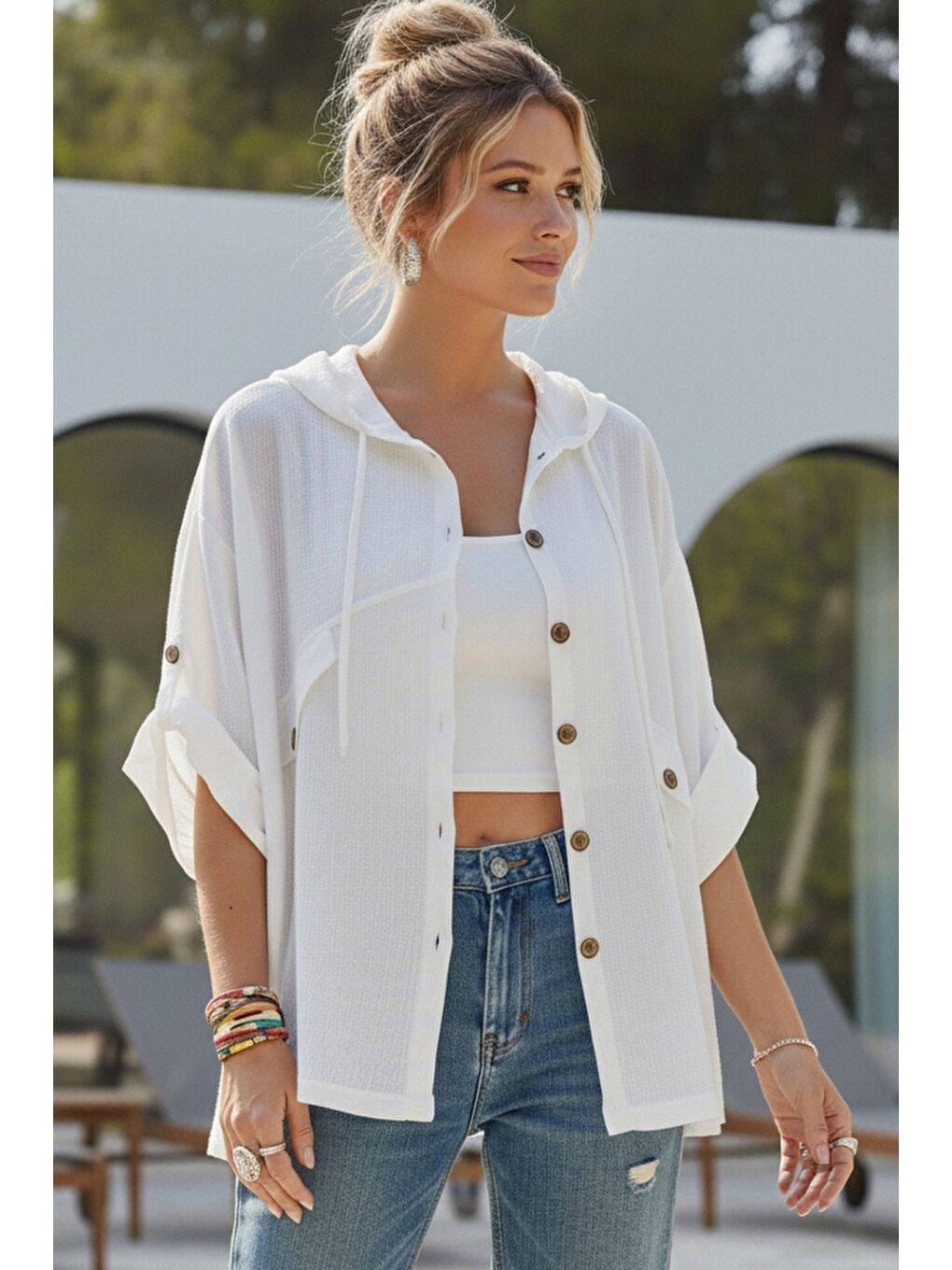 Beyaz Kapüşonlu Düğmeli 3/4 Kol Cepli Casual Keten Görünümlü Dokuma Ceket 70 58-1