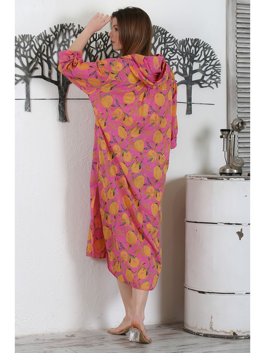 Mürdüm İtalyan Gül Kurusu Düğmeli Uzun Kollu Desenli Çift Cepli Kapüşonlu Dokuma Yazlık Elbise 130 65-6