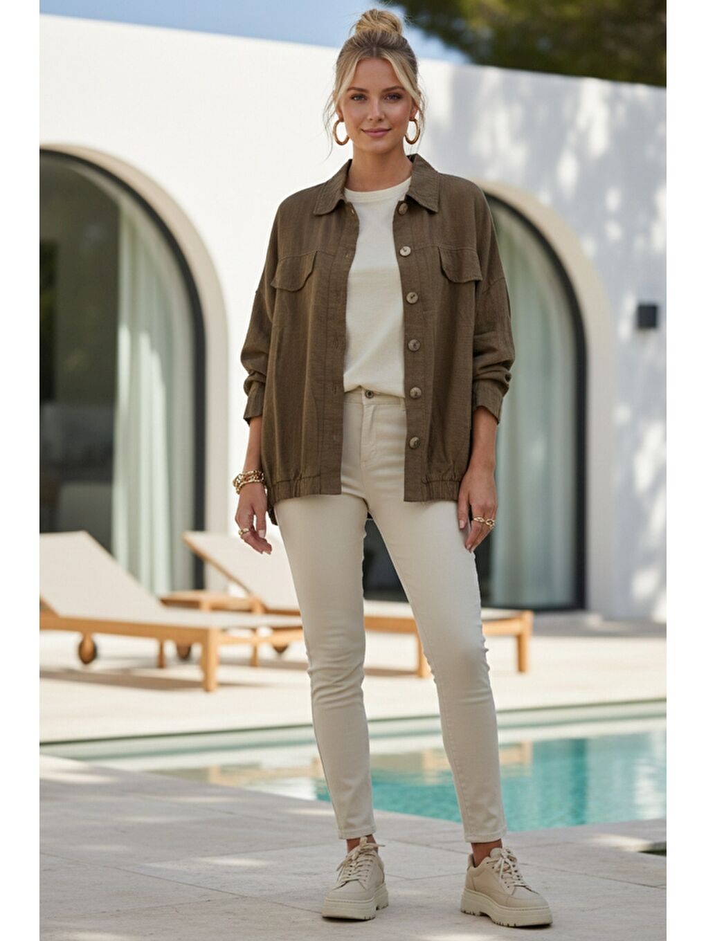 Kahverengi Gömlek Yaka Manşetli Kollu Çift Kapaklı Cepli Casual Keten Görünümlü Dokuma Ceket 65 65-4