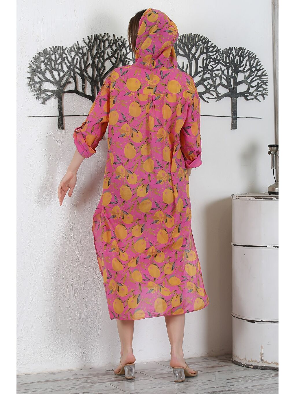 Mürdüm İtalyan Gül Kurusu Düğmeli Uzun Kollu Desenli Çift Cepli Kapüşonlu Dokuma Yazlık Elbise 130 65-7