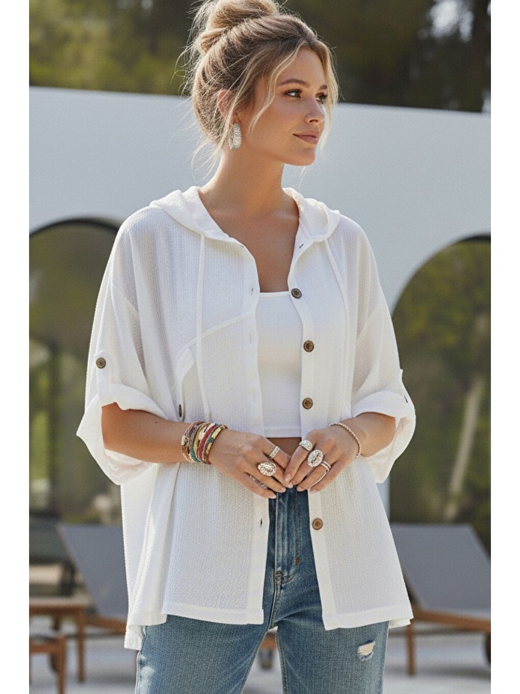 Beyaz Kapüşonlu Düğmeli 3/4 Kol Cepli Casual Keten Görünümlü Dokuma Ceket 70 58-2