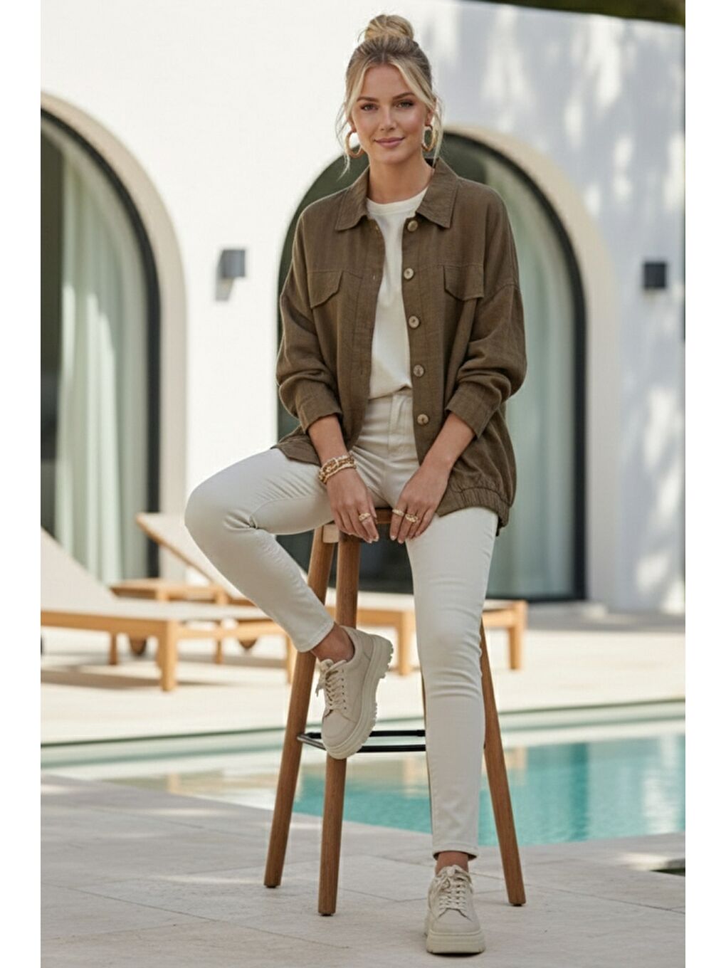 Kahverengi Gömlek Yaka Manşetli Kollu Çift Kapaklı Cepli Casual Keten Görünümlü Dokuma Ceket 65 65-5